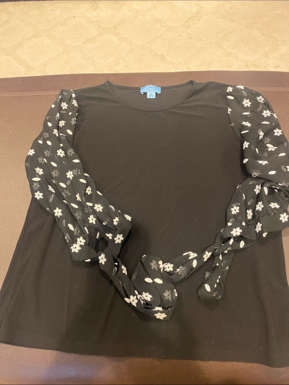 CeCe Black Top with Sheer Floral Tie Sleeves